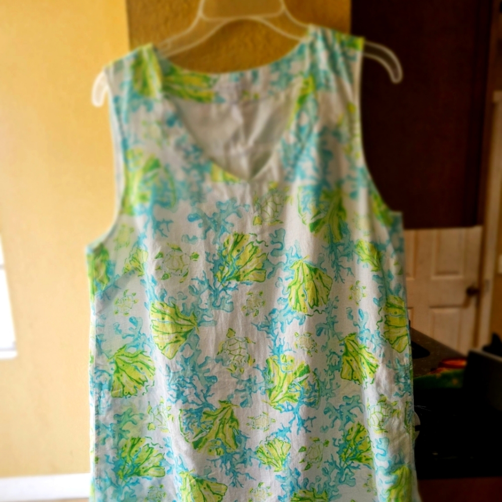 J. Jill White Tank Dress with Aqua and Lime Leaf Print